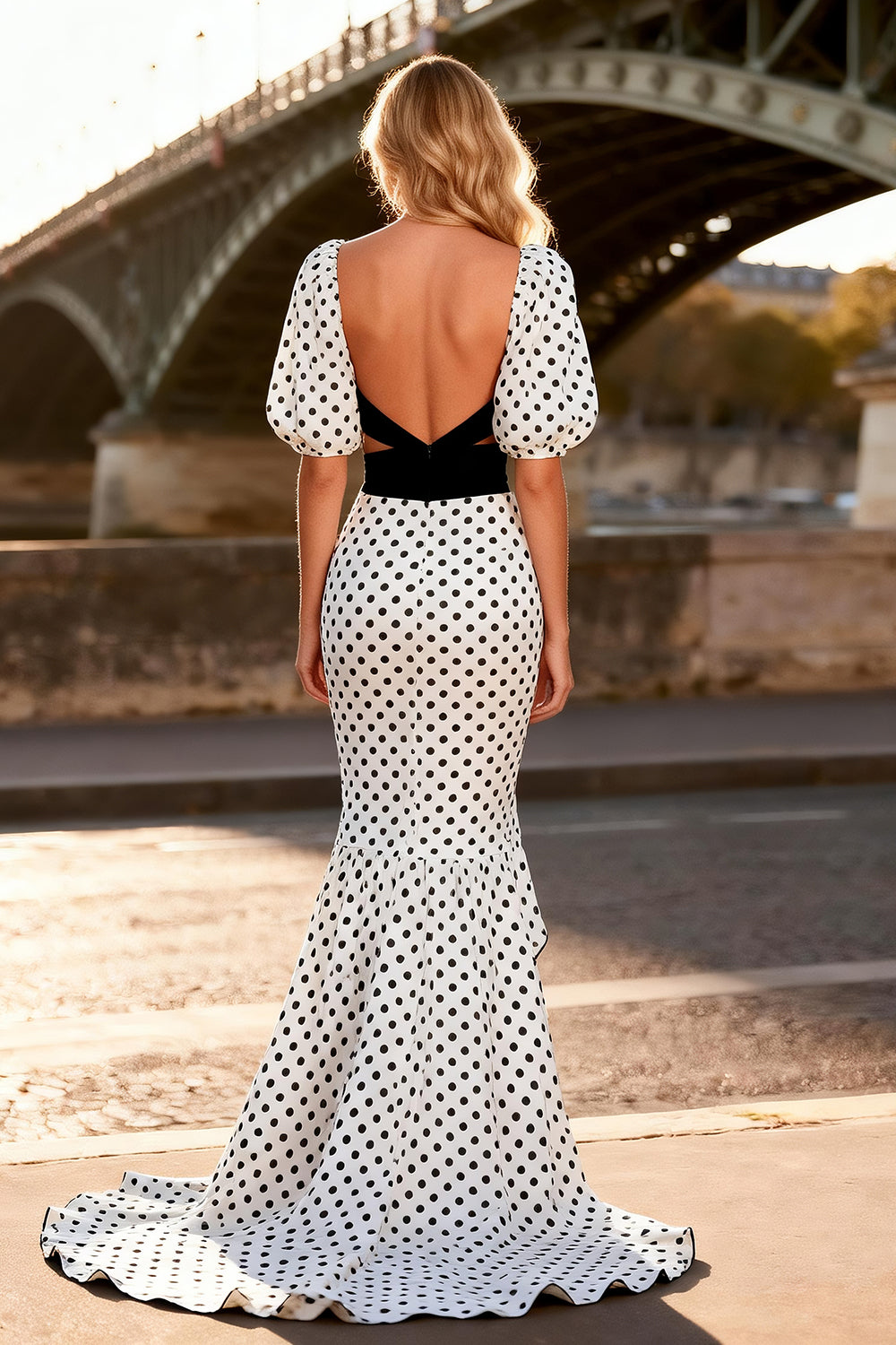 Black and White Polka Dots Puff Sleeves Long Mermaid Prom Dress with Slit