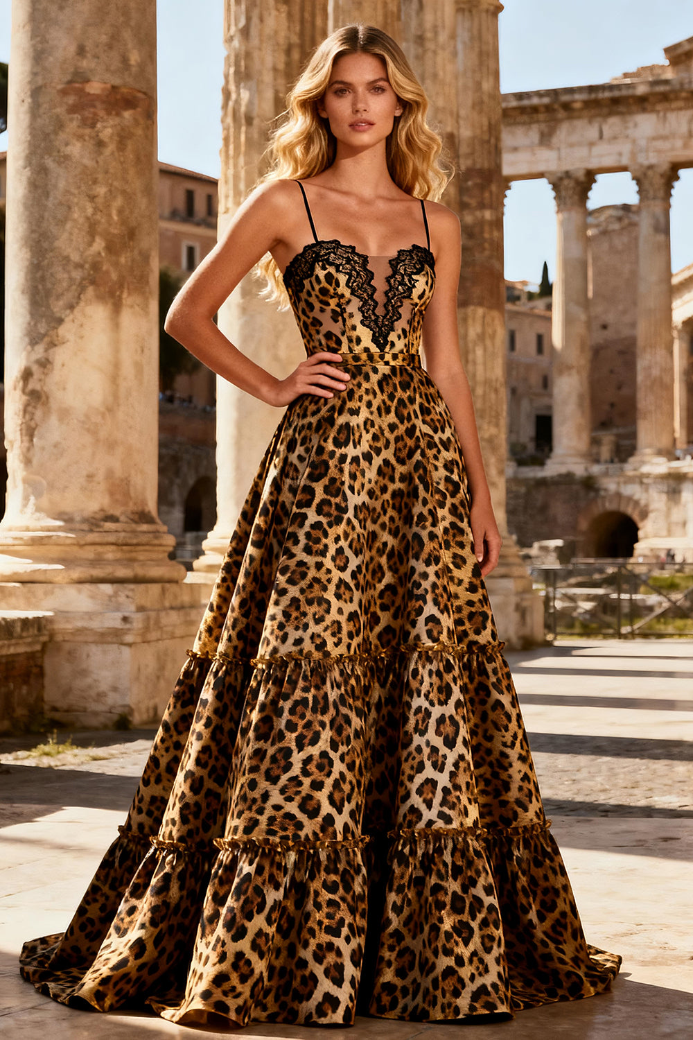 Khaki A Line Satin Leopard Print Spaghetti Straps Long Prom Dress