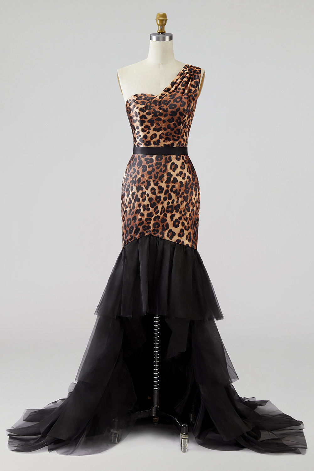 Khaki One Shoulder Leopard Print Mermaid Long Prom Dress