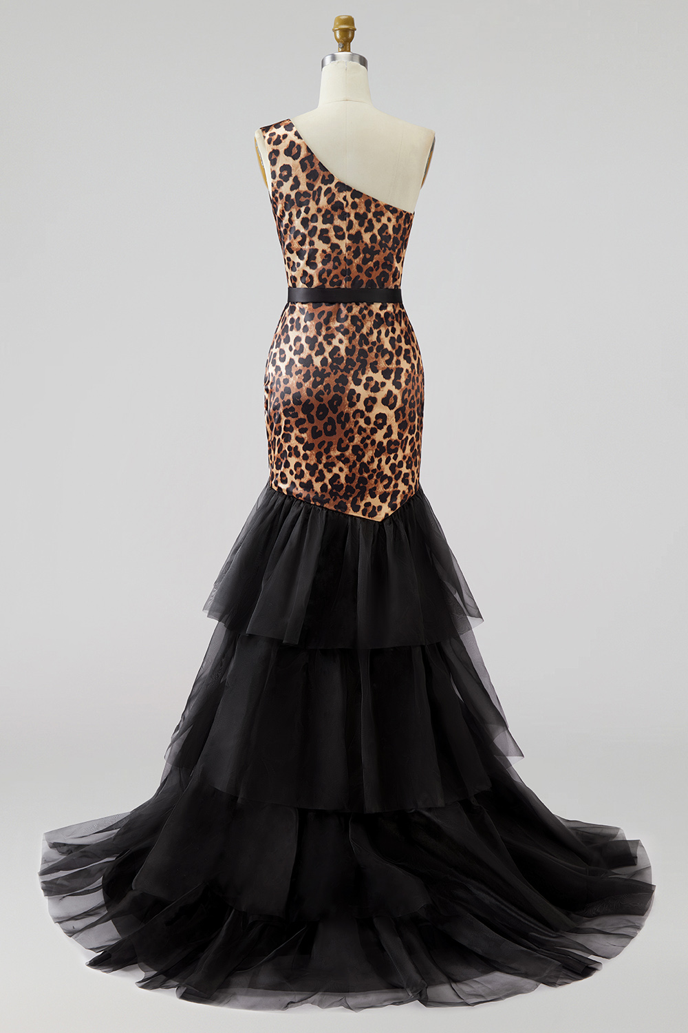 Khaki One Shoulder Leopard Print Mermaid Long Prom Dress
