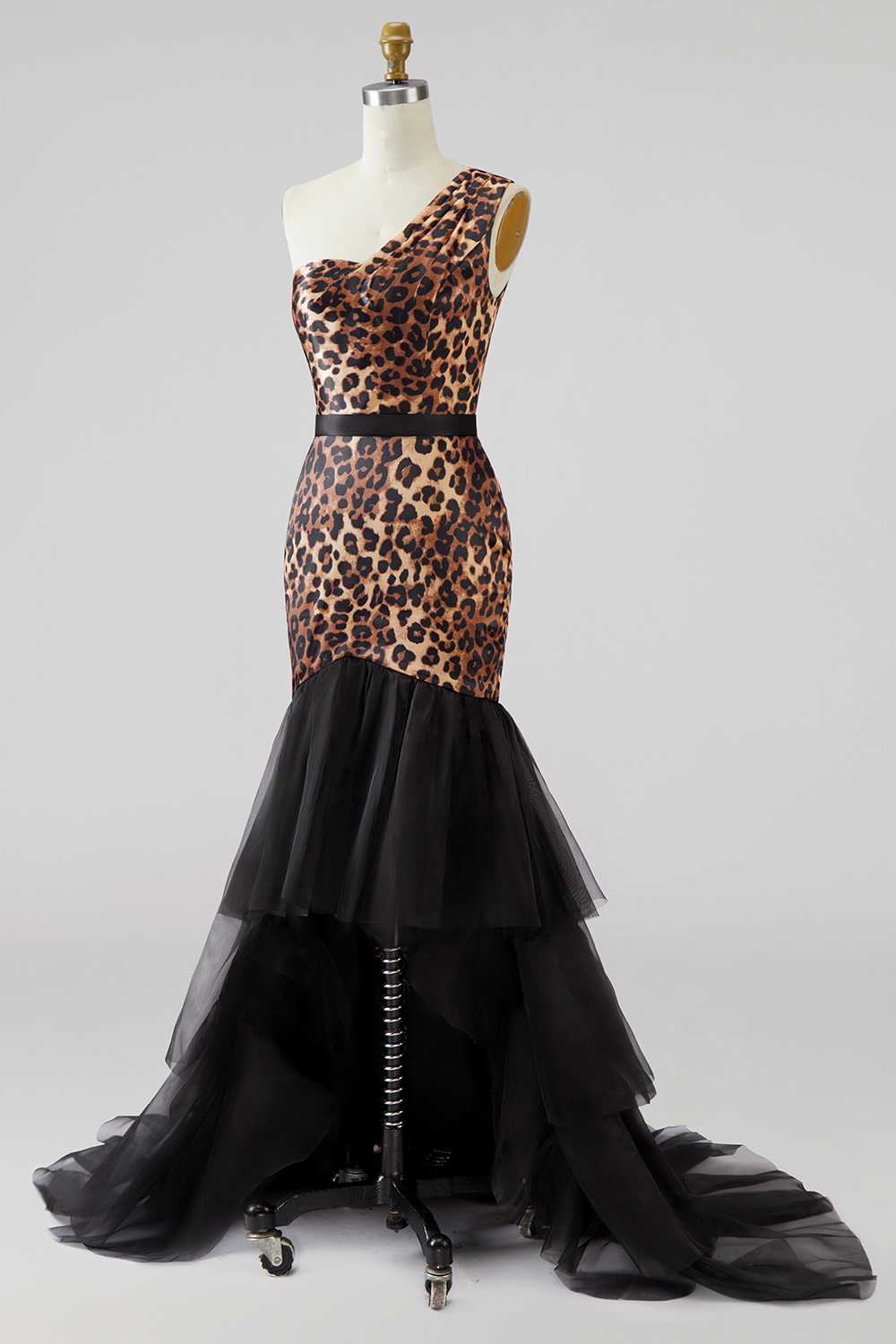Khaki One Shoulder Leopard Print Mermaid Long Prom Dress