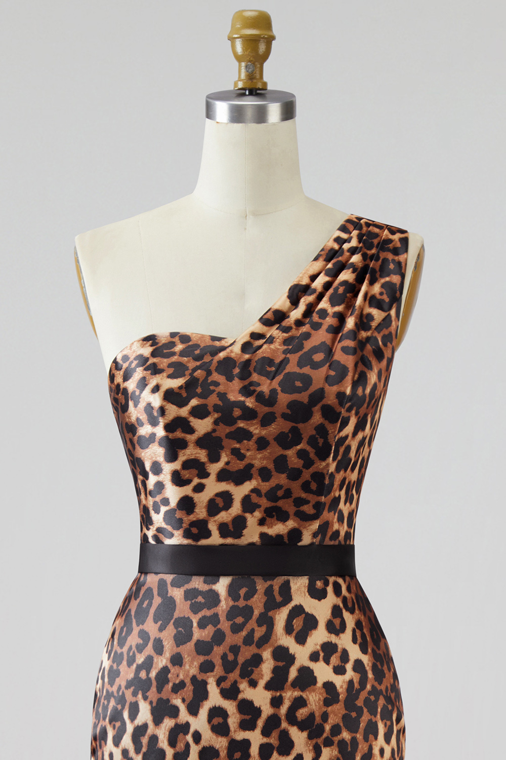 Khaki One Shoulder Leopard Print Mermaid Long Prom Dress