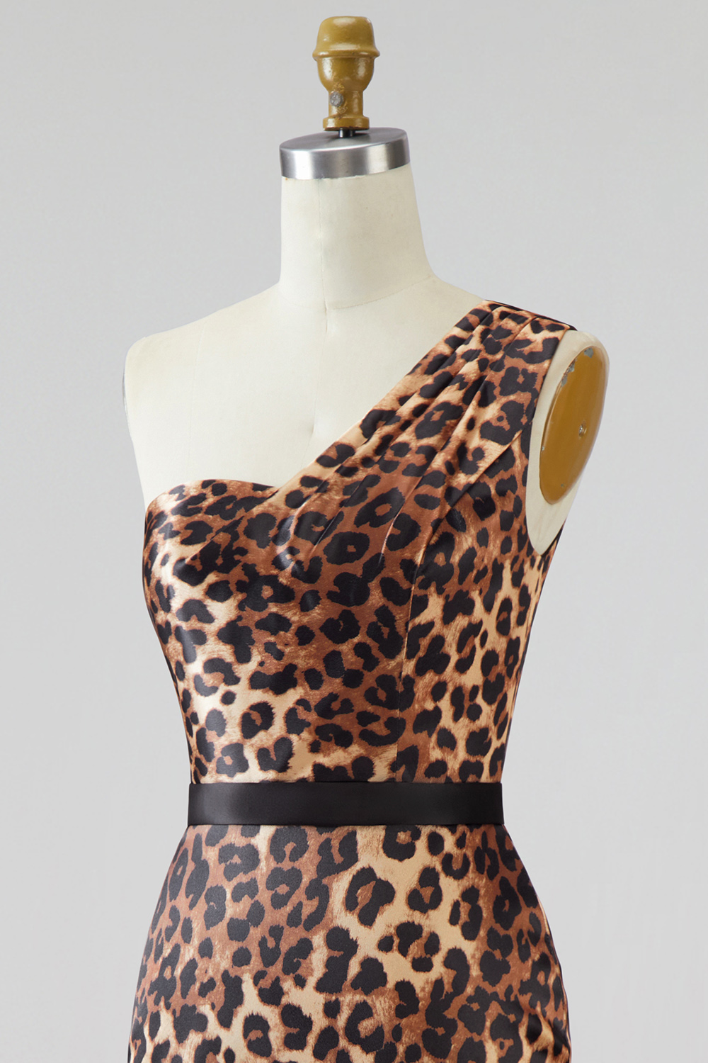 Khaki One Shoulder Leopard Print Mermaid Long Prom Dress