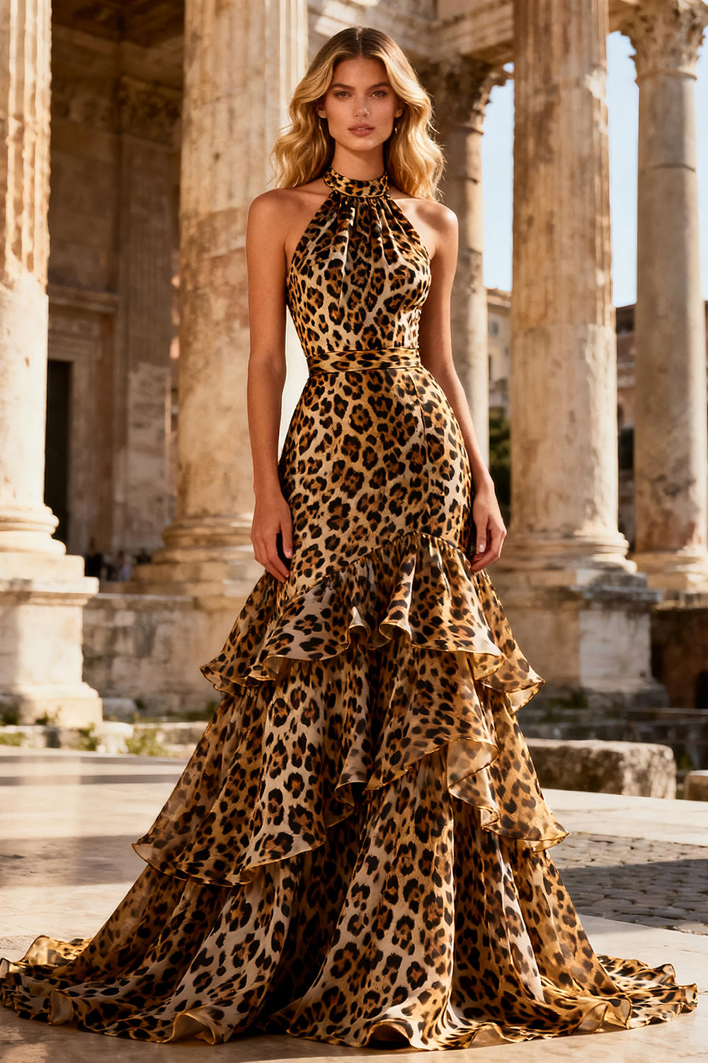 Khaki Leopard Print Halter Backless Long Mermaid Prom Dress with Ruffles