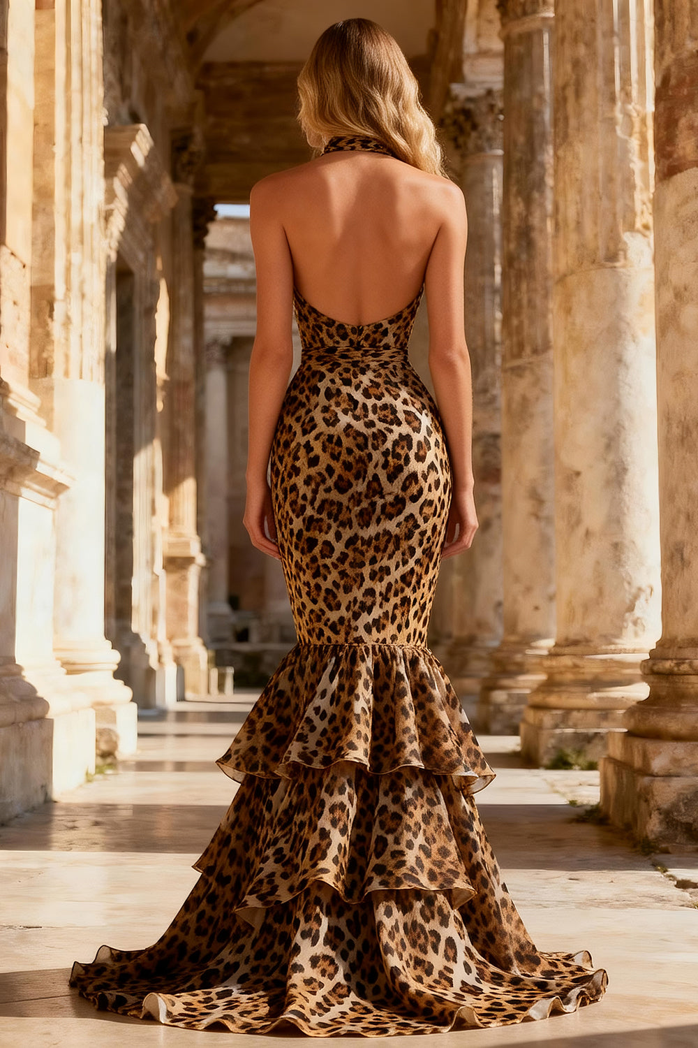Khaki Leopard Chiffon Backless Tiered Long Mermaid Prom Dress