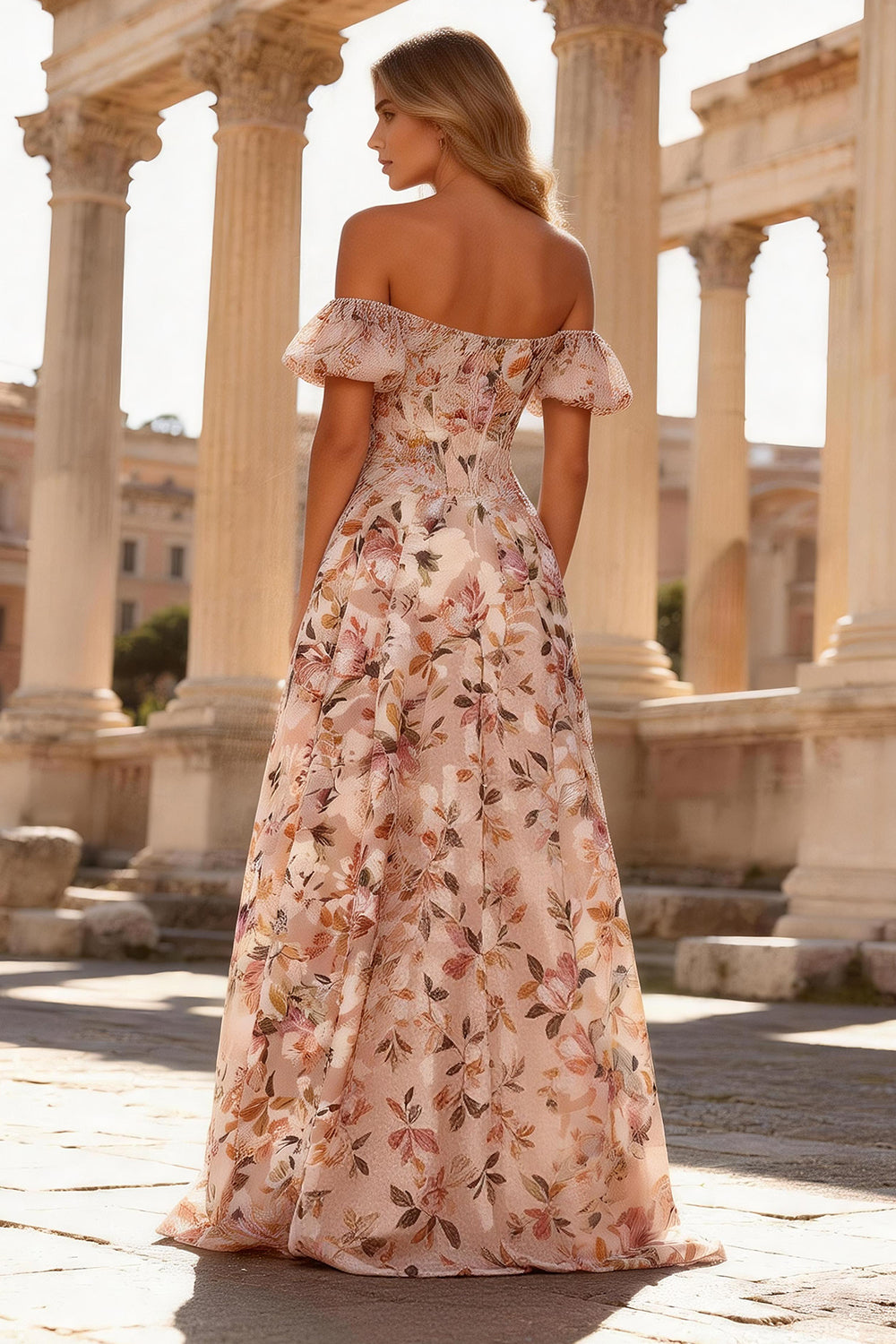 Floral Pink Corset Off the Shoulder A Line Long Prom Dress with Slit