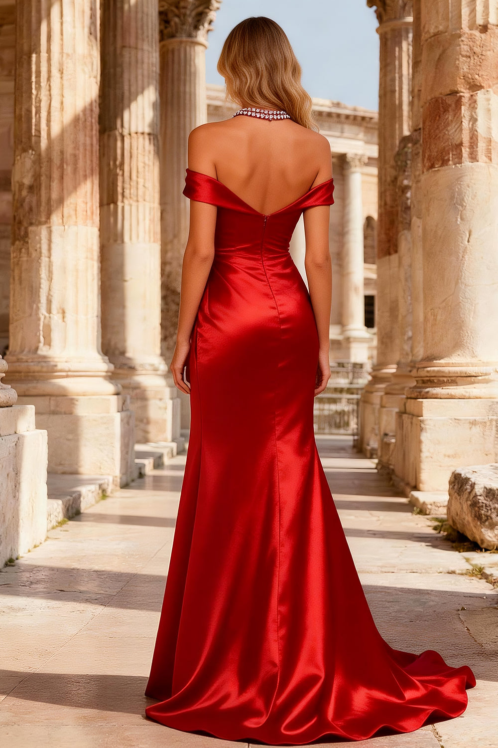 Elegant Red Mermaid Halter Beaded Long Satin Prom Dress with Slit