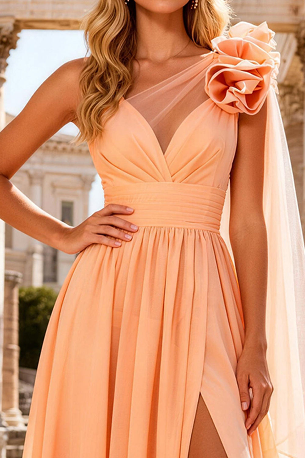 Flowy Peach A Line One Shoulder Long Chiffon Prom Dress with 3D Flower