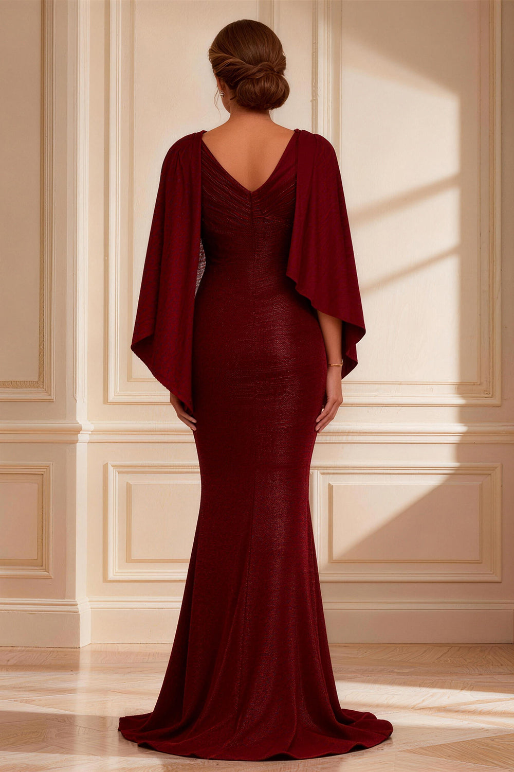 Flowy Burgundy Mermaid Boat Neck Floor-Length Mother of the Bride Dress with Cape