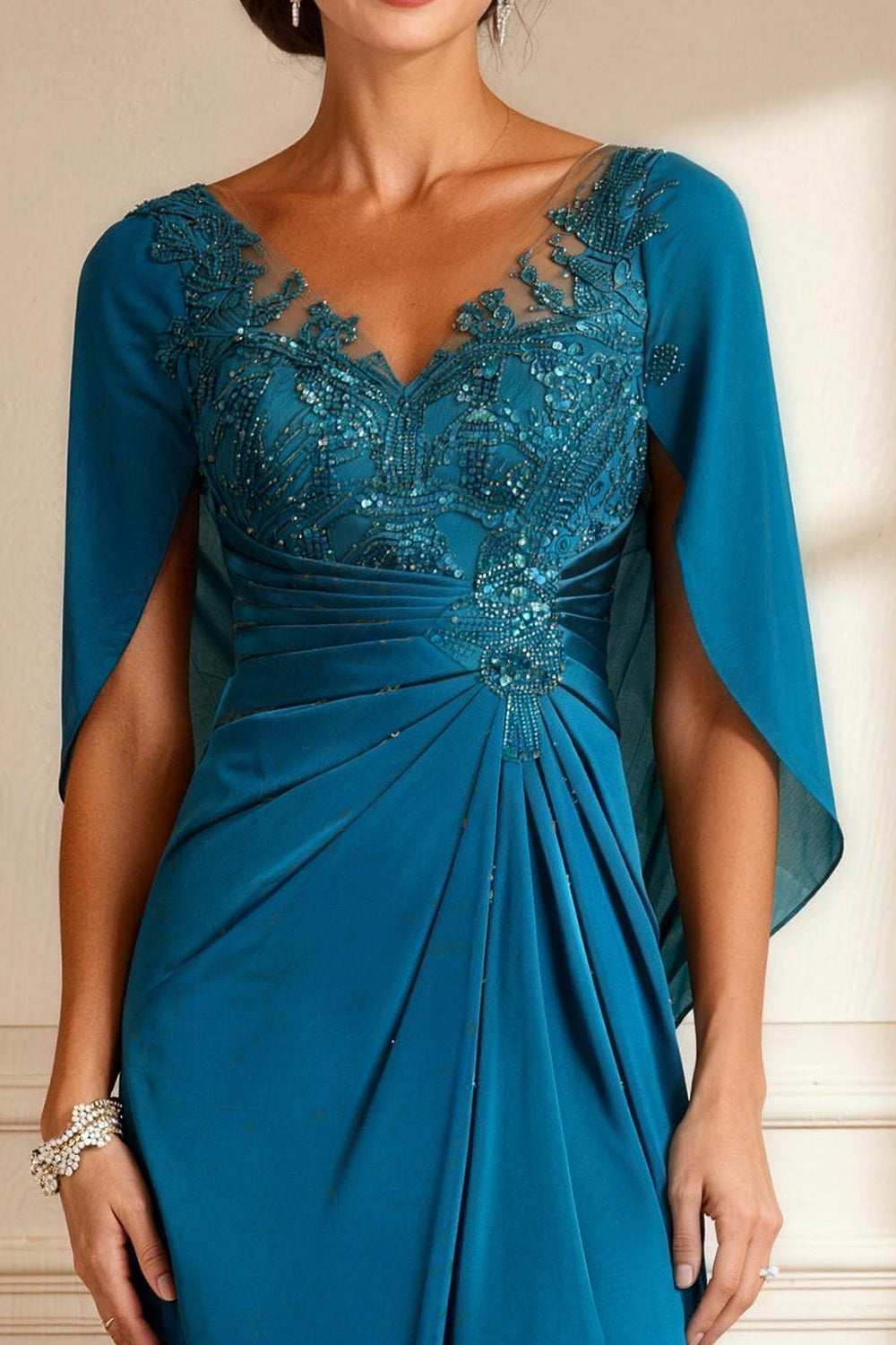 Elegant Peacock Blue V Neck Beaded Long Mother of the Bride Dress