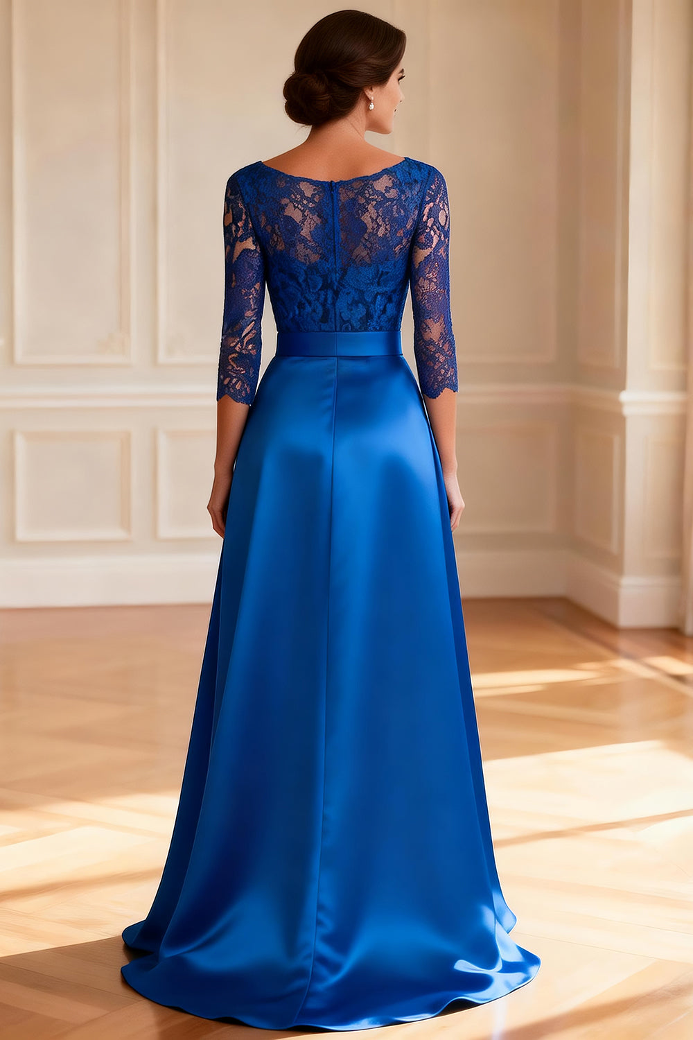 Sparkly Royal Blue Satin V Neck Long Mother of the Bride Dress with Lace