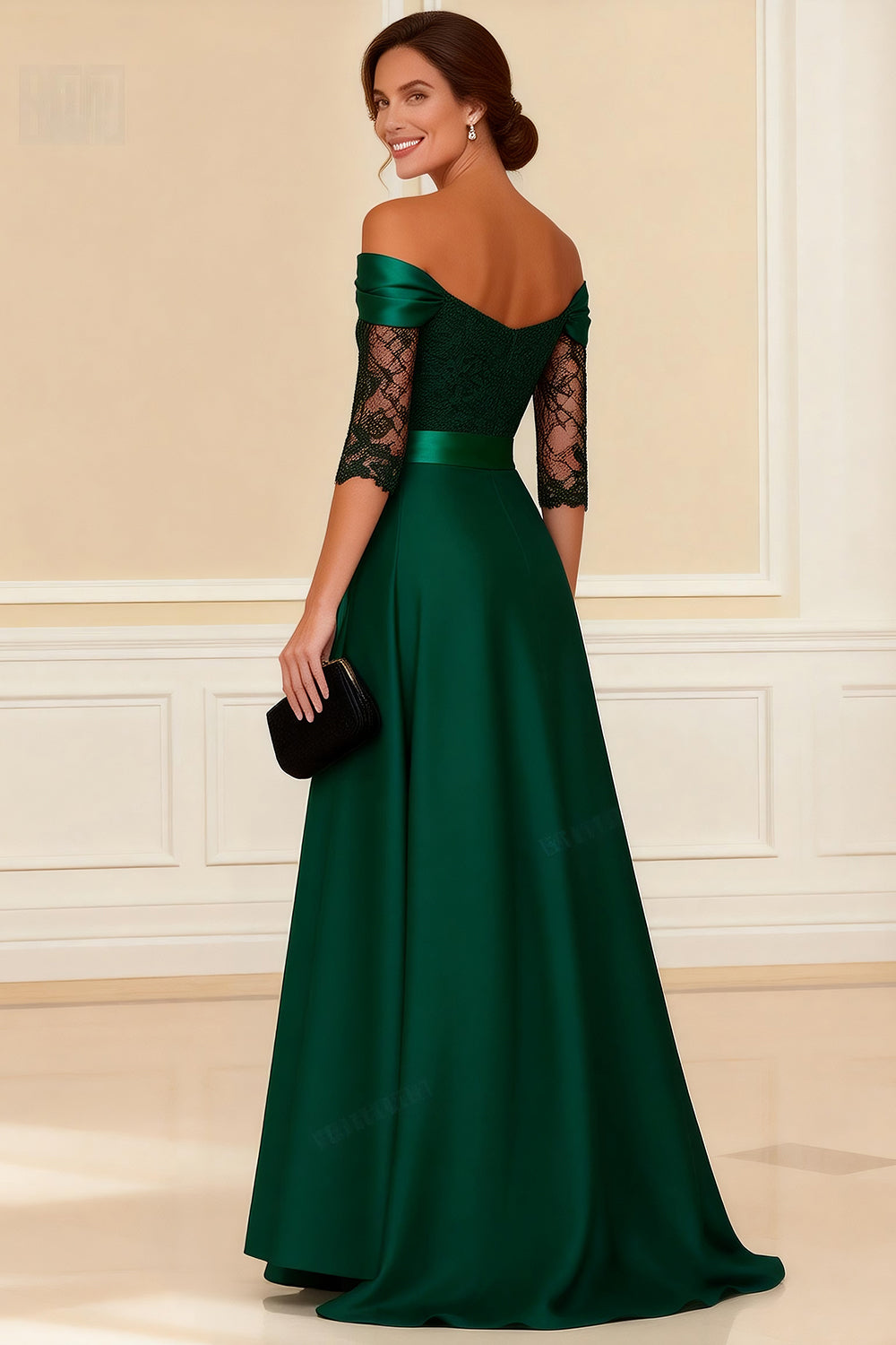 Dark Green Off the Shoulder A Line Floor-Length Mother of the Bride Dress with Slit
