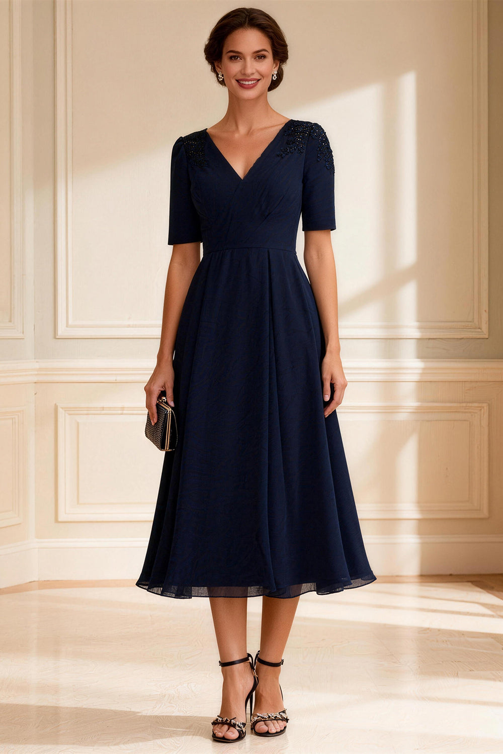 Navy V-Neck A-Line Tea-Length Mother of the Bride Dress