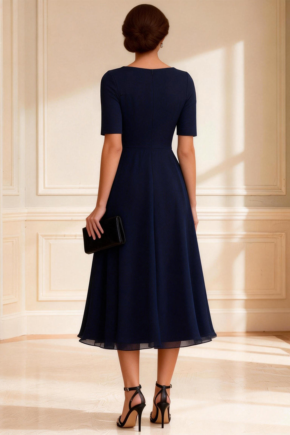 Navy V-Neck A-Line Tea-Length Mother of the Bride Dress