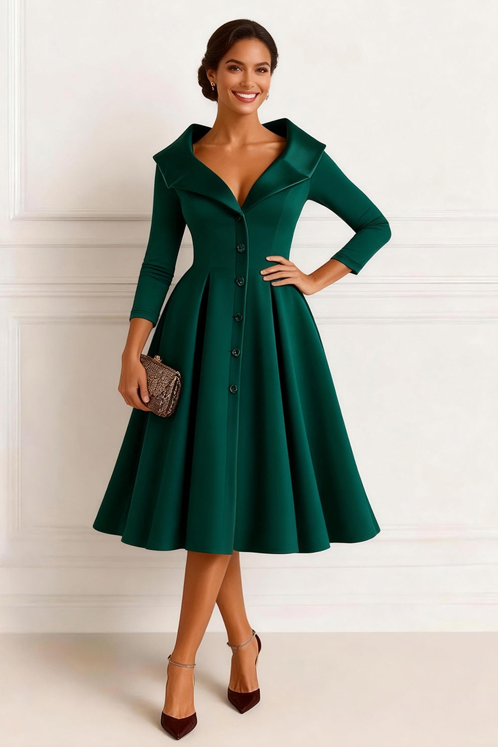 Elegant Dark Green A Line V-Neck Midi Mother of the Bride Dress