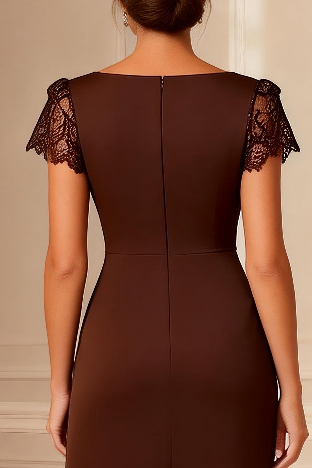 Brown Bodycon Boat Neck Tea-Length Mother of the Bride Dress with Lace