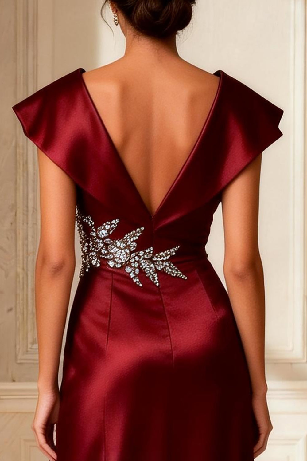Elegant Burgundy Satin V-Neck A Line Floor-Length Mother of the Bride Dress with Slit