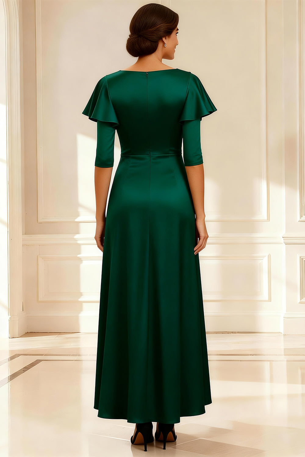 Sparkly Dark Green A Line V Neck Floor-Length Mother of the Bride Dress with Sleeves