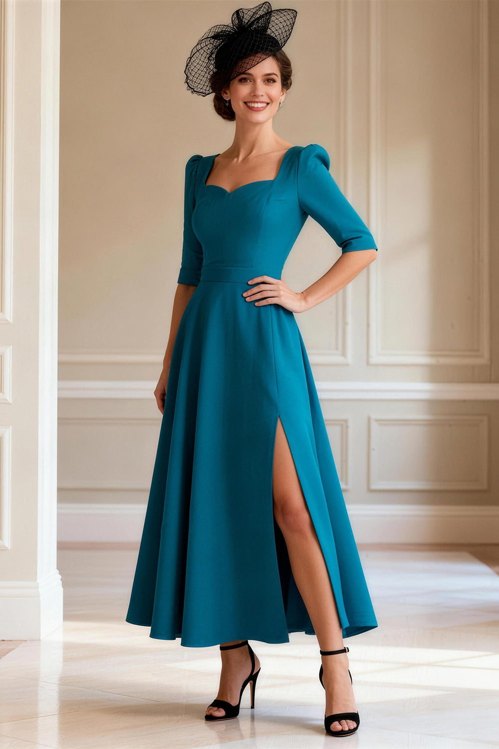 Peacock Blue Ankle-Length Mother of the Bride Dress with Sleeves