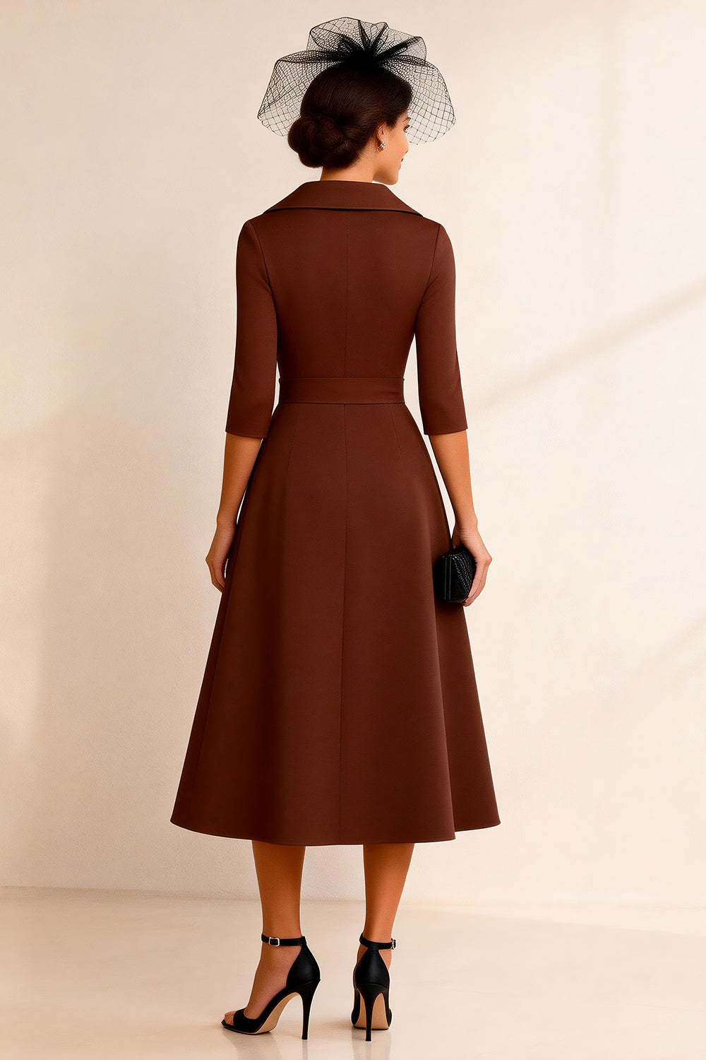 Chocolate Notched Lapel A Line Tea-Length Mother of the Bride Dress