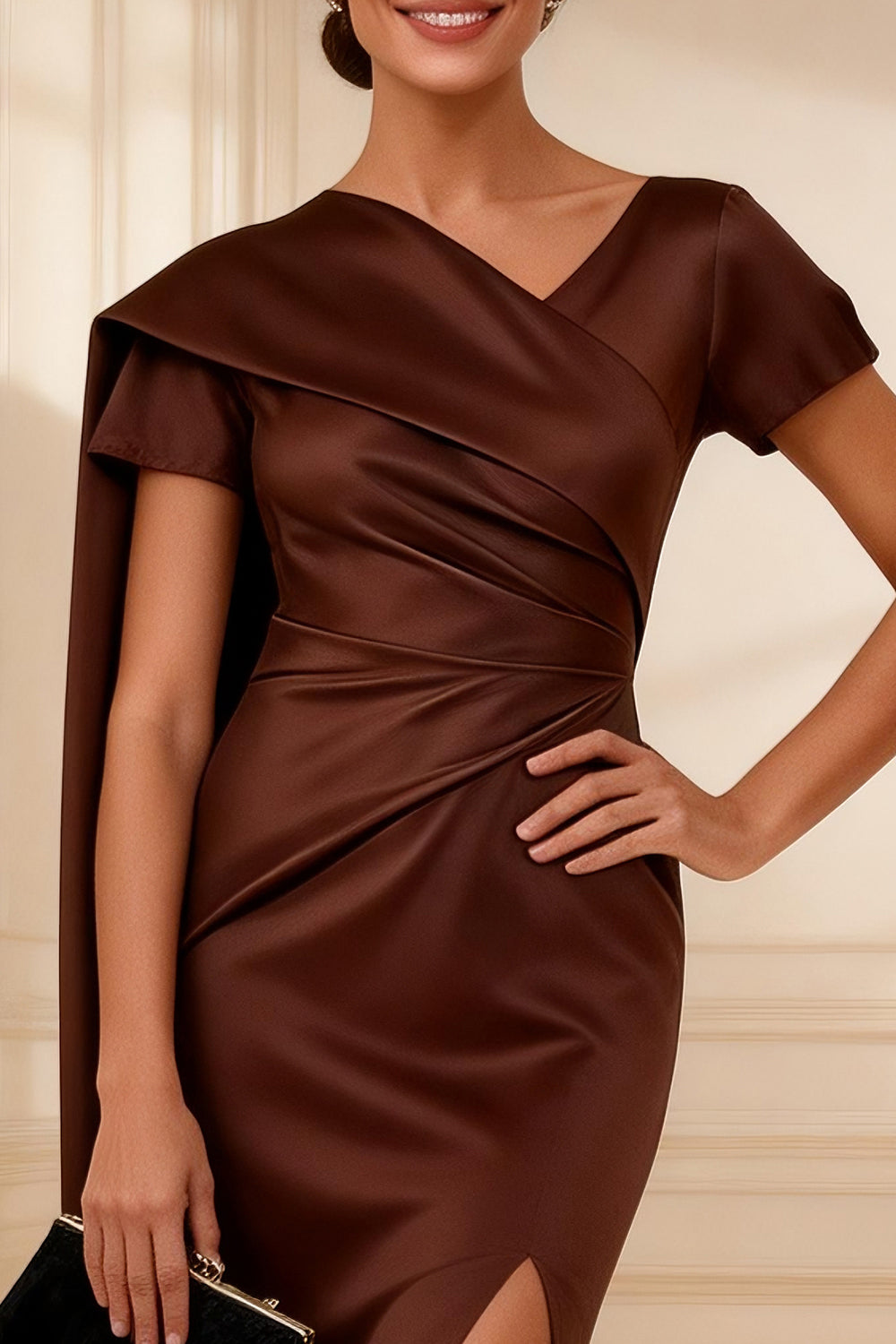 Chocolate Mermaid Side Cape Floor-Length Mother of the Bride Dress with Slit