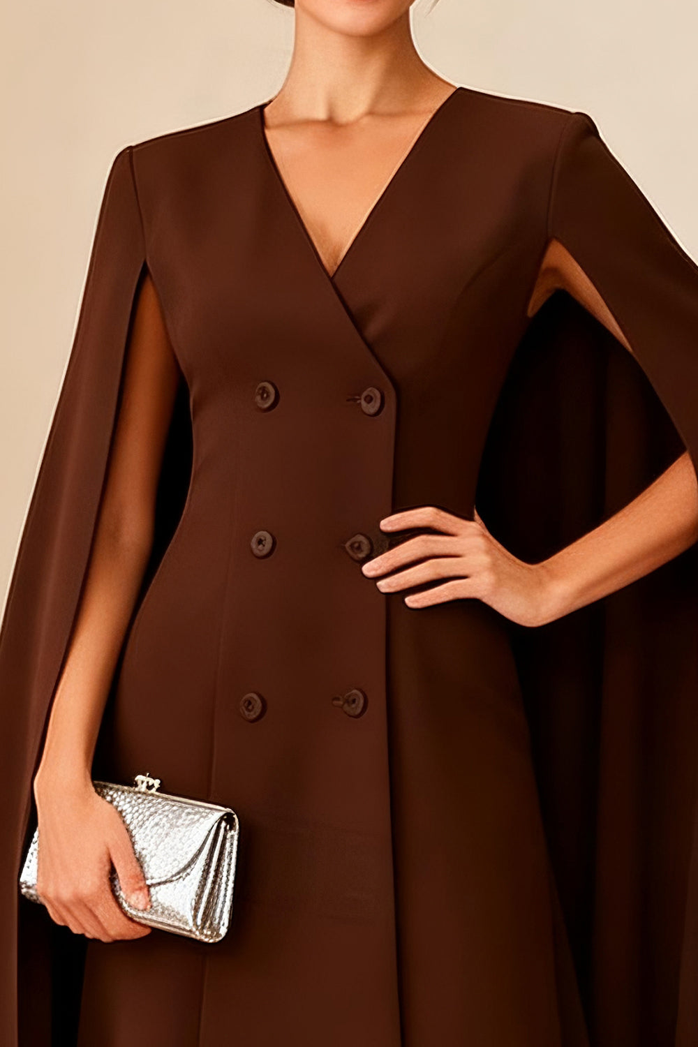 Chocolate Double Breasted V Neck Tea-Length Mother of the Bride Dress with Cape