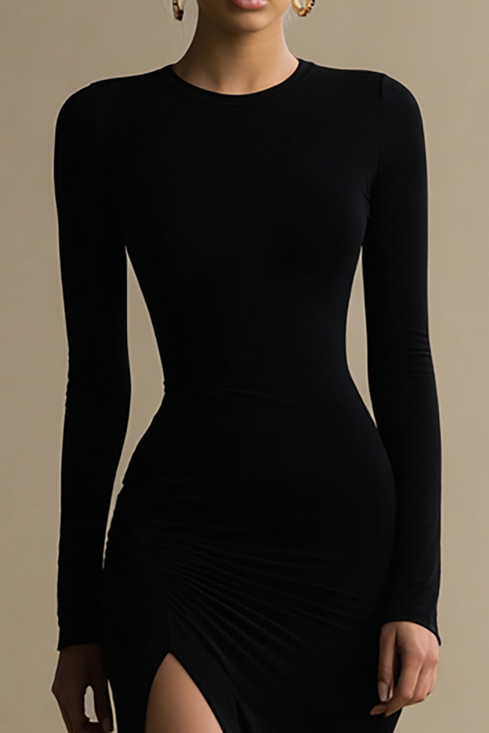 Elegant Black Satin Sheath Long Sleeves Formal Dress with Slit