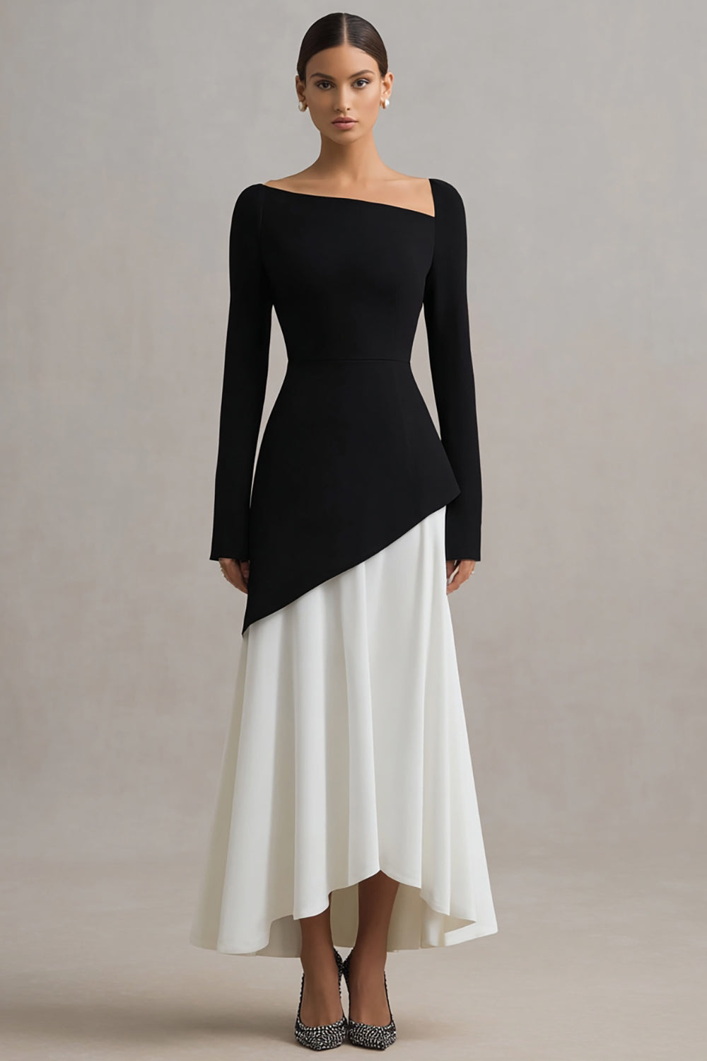 Elegant Black and White Sheath Asymmetrical Neck Long Sleeves Formal Dress