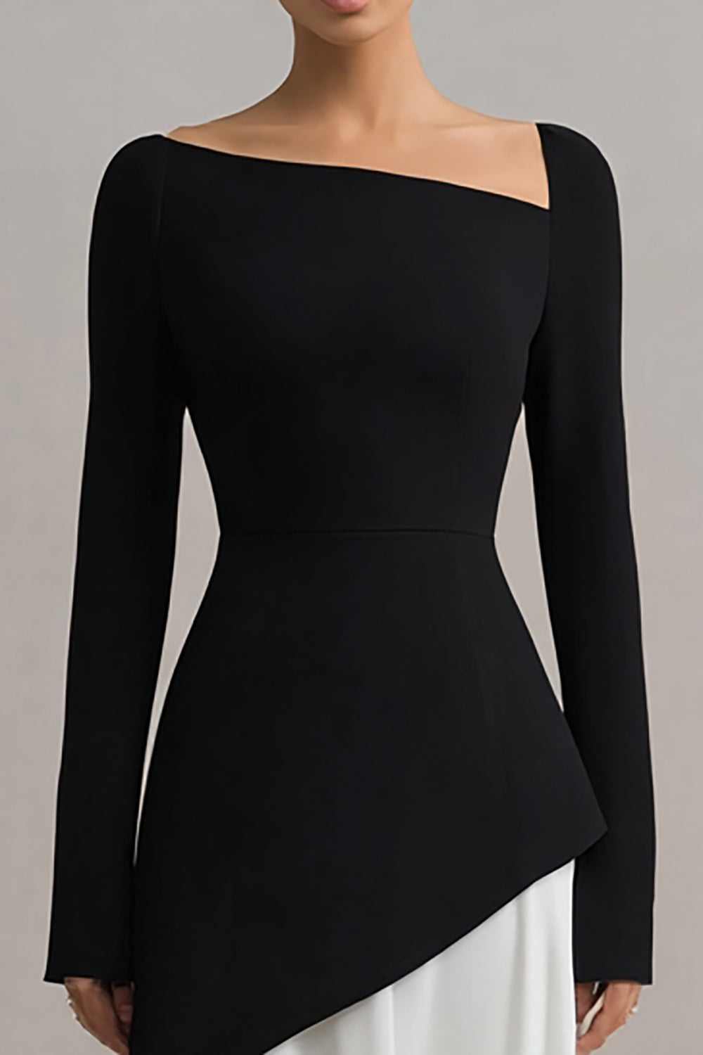 Elegant Black and White Sheath Asymmetrical Neck Long Sleeves Formal Dress