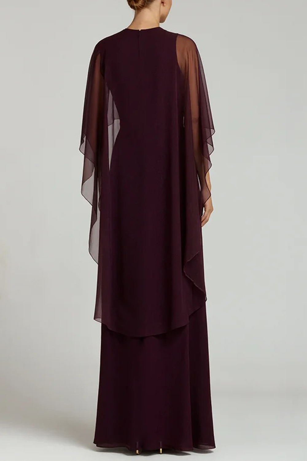 Flowy Burgundy Chiffon Crew Neck Long Sheath Formal Dress with Cape