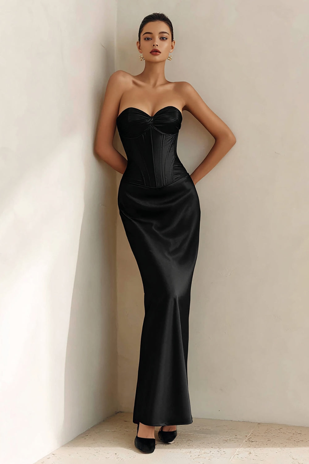 Black Corset Mermaid Sweetheart Long Satin Formal Dress