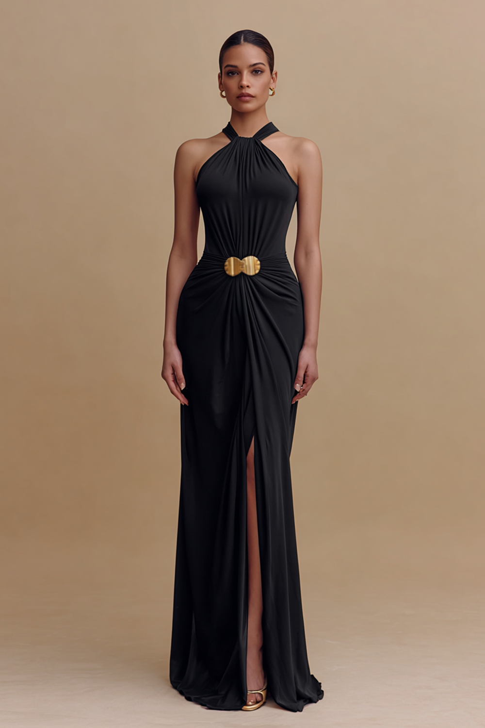 Satin Halter Neck Ruched Sheath Long Black Tie Dress with Slit