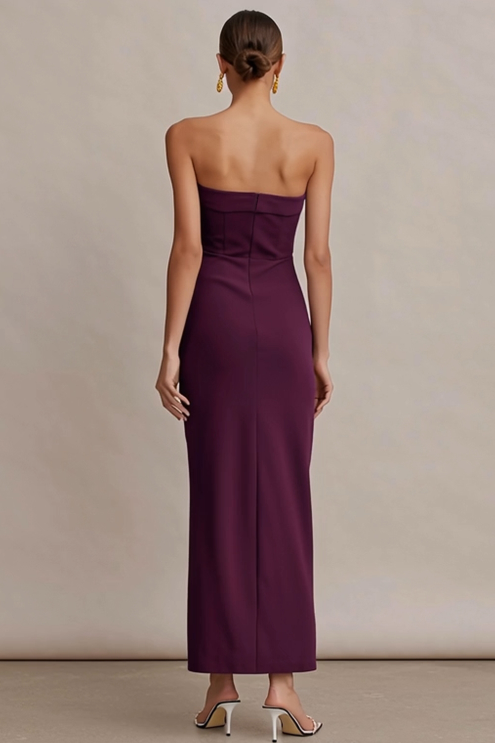 Simple Plum Sheath Strapless Satin Long Formal Dress