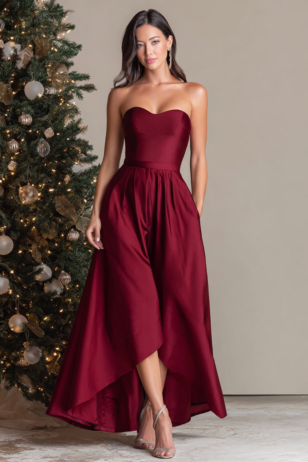 Burgundy Satin Sweetheart A Line Long Formal Dress