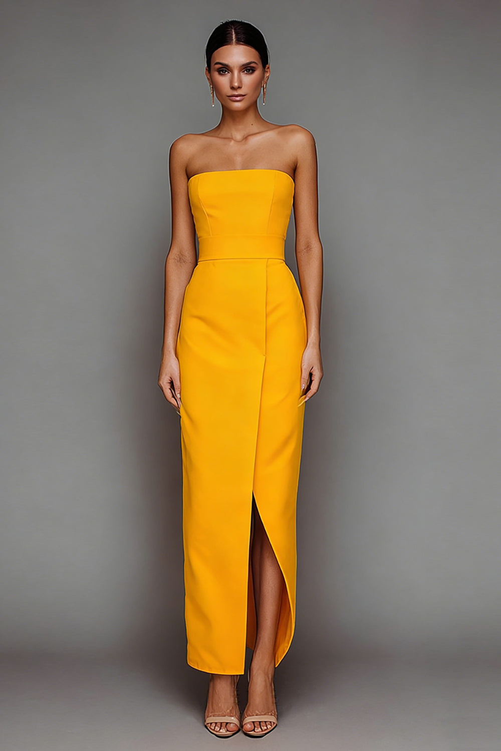Simple Yellow Satin Strapless Long Sheath Formal Dress with Slit