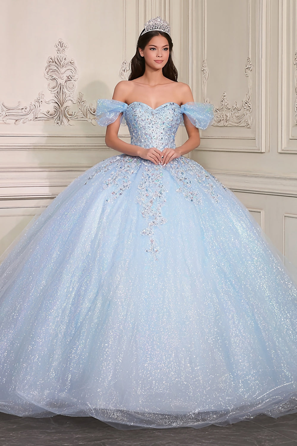 Sky Blue Beaded Ball Gown Off the Shoulder Long Sparkly Quinceanera Dress