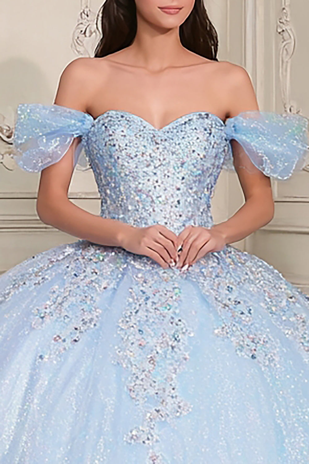 Sky Blue Beaded Ball Gown Off the Shoulder Long Sparkly Quinceanera Dress