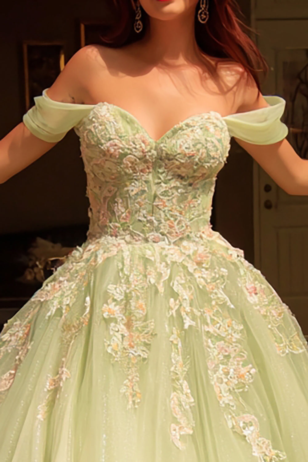 Sparkly Dusty Sage Ball Gown Long Tulle Quinceanera Dress with Lace