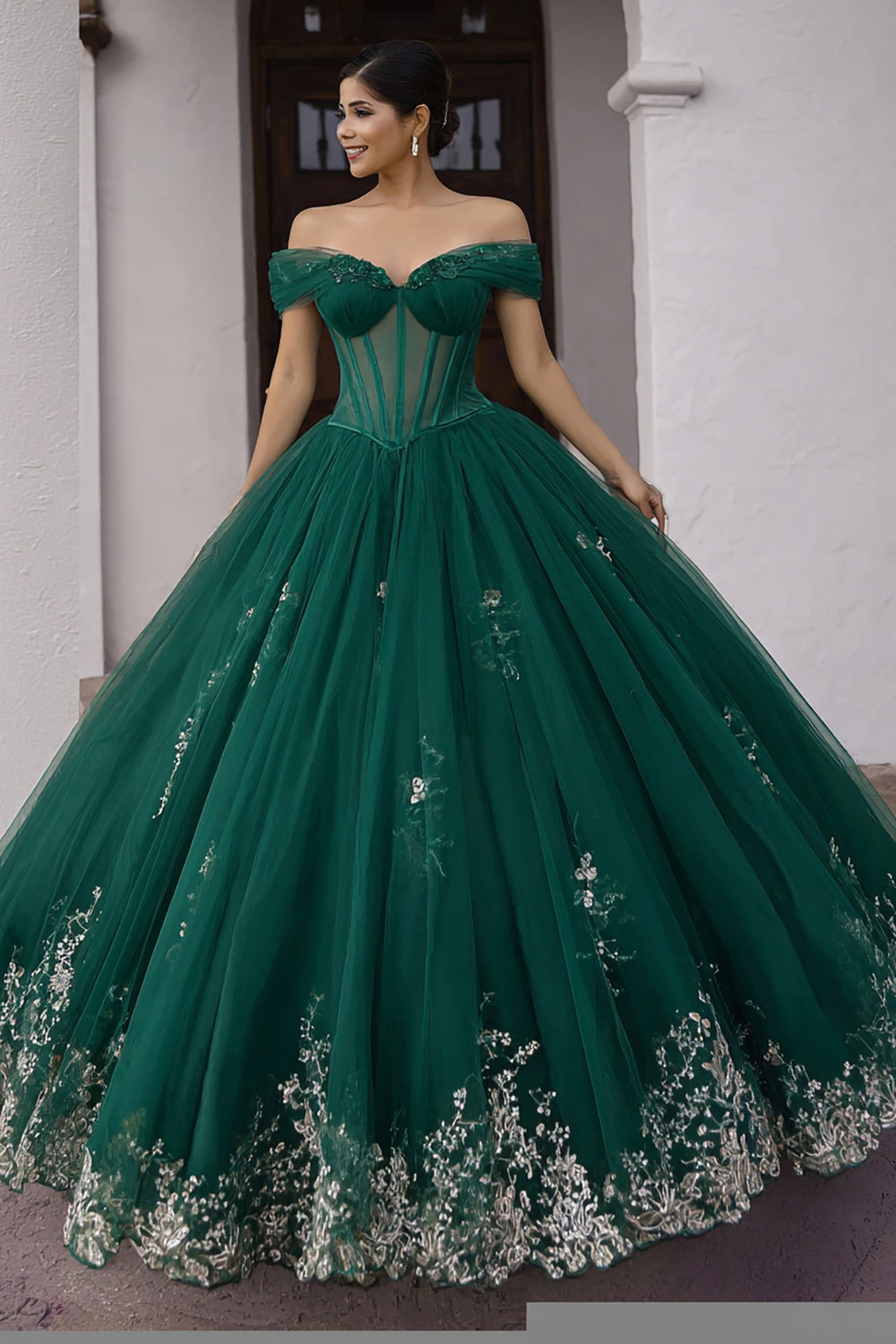 Sparkly Dark Green Tulle Off the Shoulder Ball Gown Long Corset Quinceanera Dress
