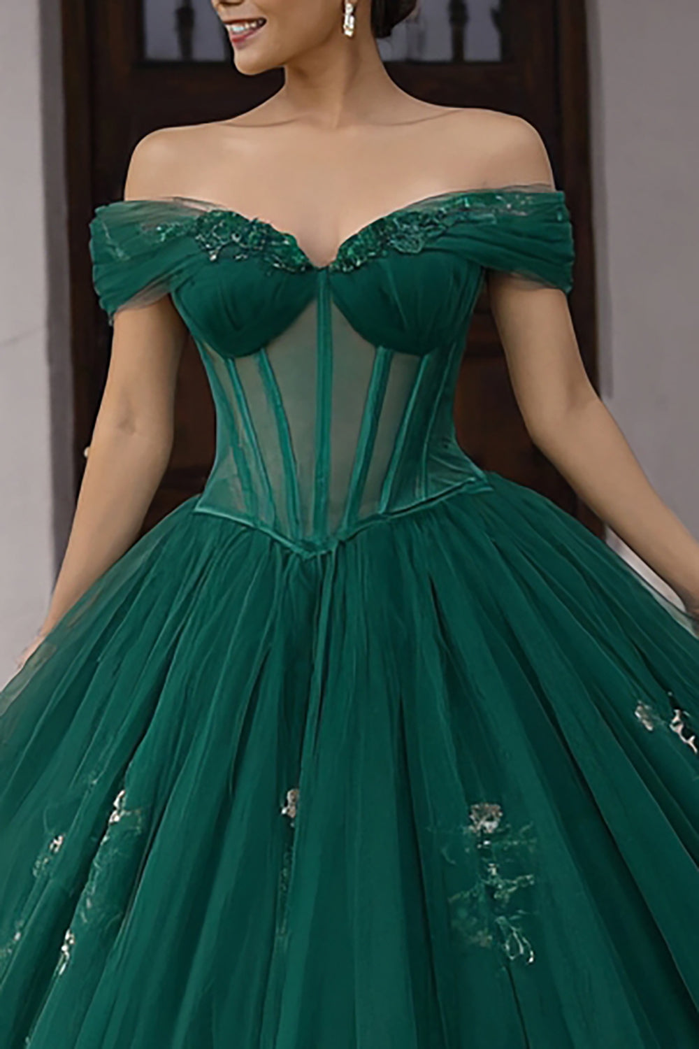 Sparkly Dark Green Tulle Off the Shoulder Ball Gown Long Corset Quinceanera Dress