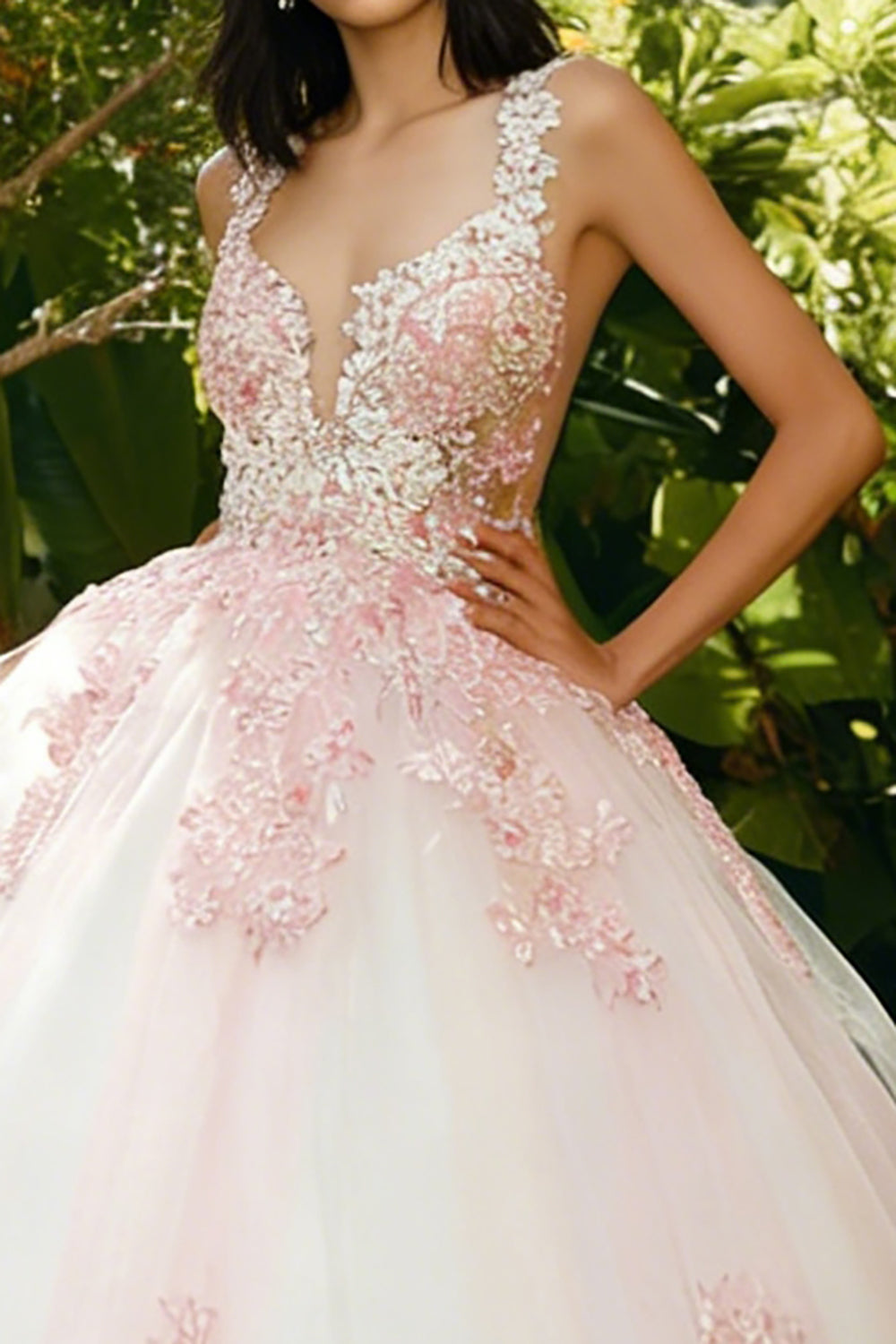 Pink Ball Gown Tulle Thick Straps Long Quinceanera Dress with Lace