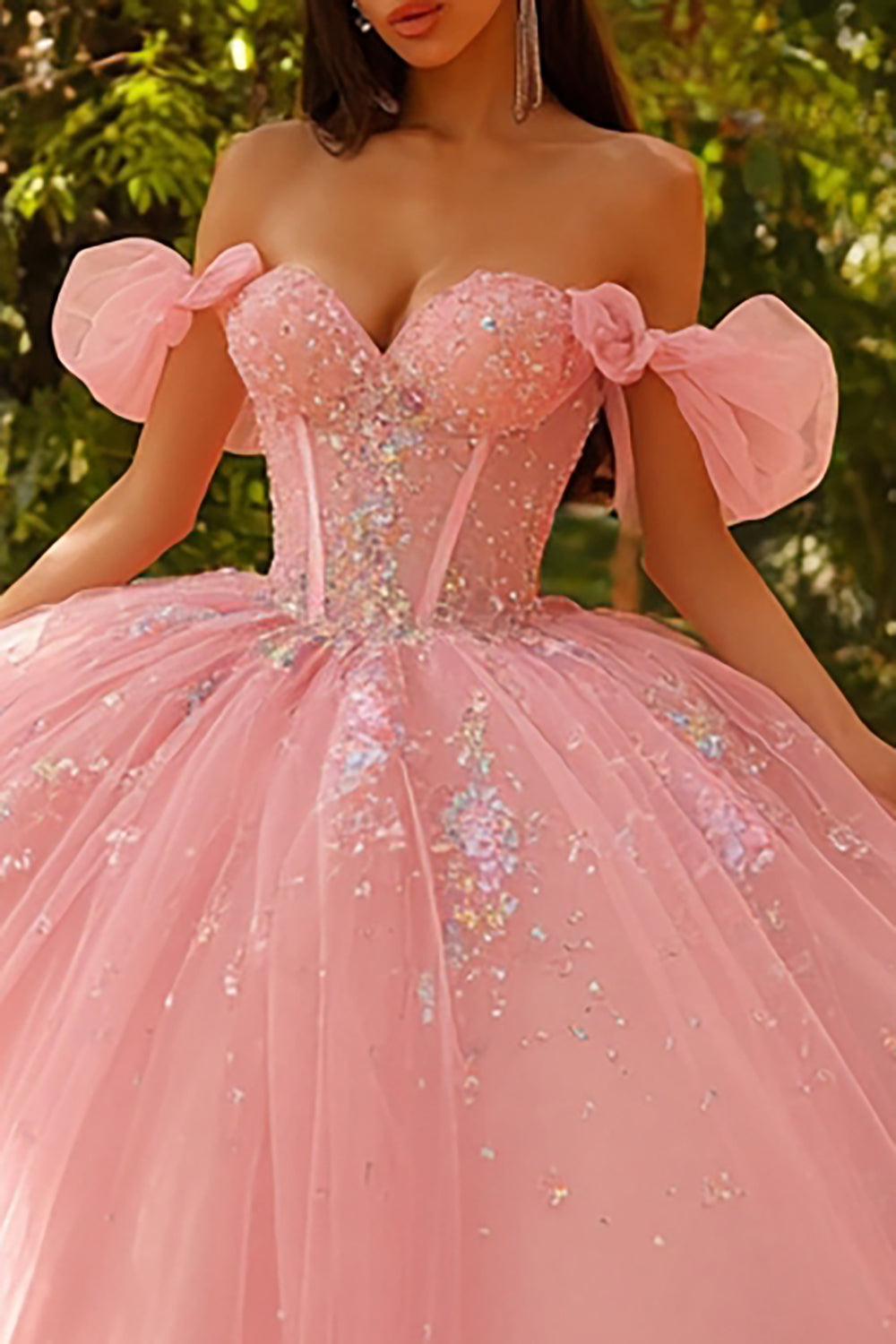 Pink Tulle Off the Shoulder Long Ball Gown Quinceanera Dress with Sequin