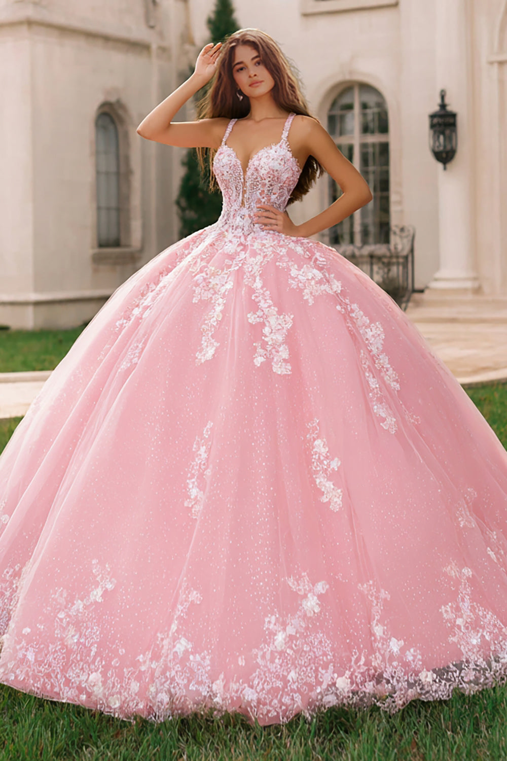 Floral Pink Ball Gown Spagehtti Straps Long Tulle Quinceanera Dress with Lace