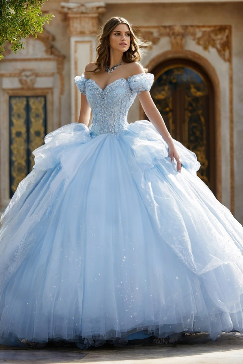Sparkly Sky Blue Ball Gown Puff Sleeves Long Corset Quinceanera Dress