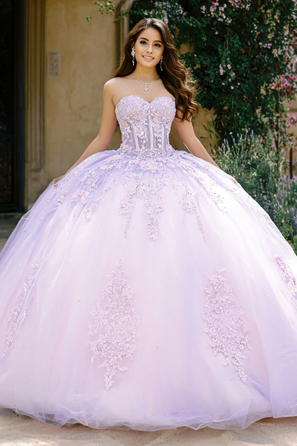 Lilac Sweetheart Corset Ball Gown Long Quinceanera Dress with Appliques
