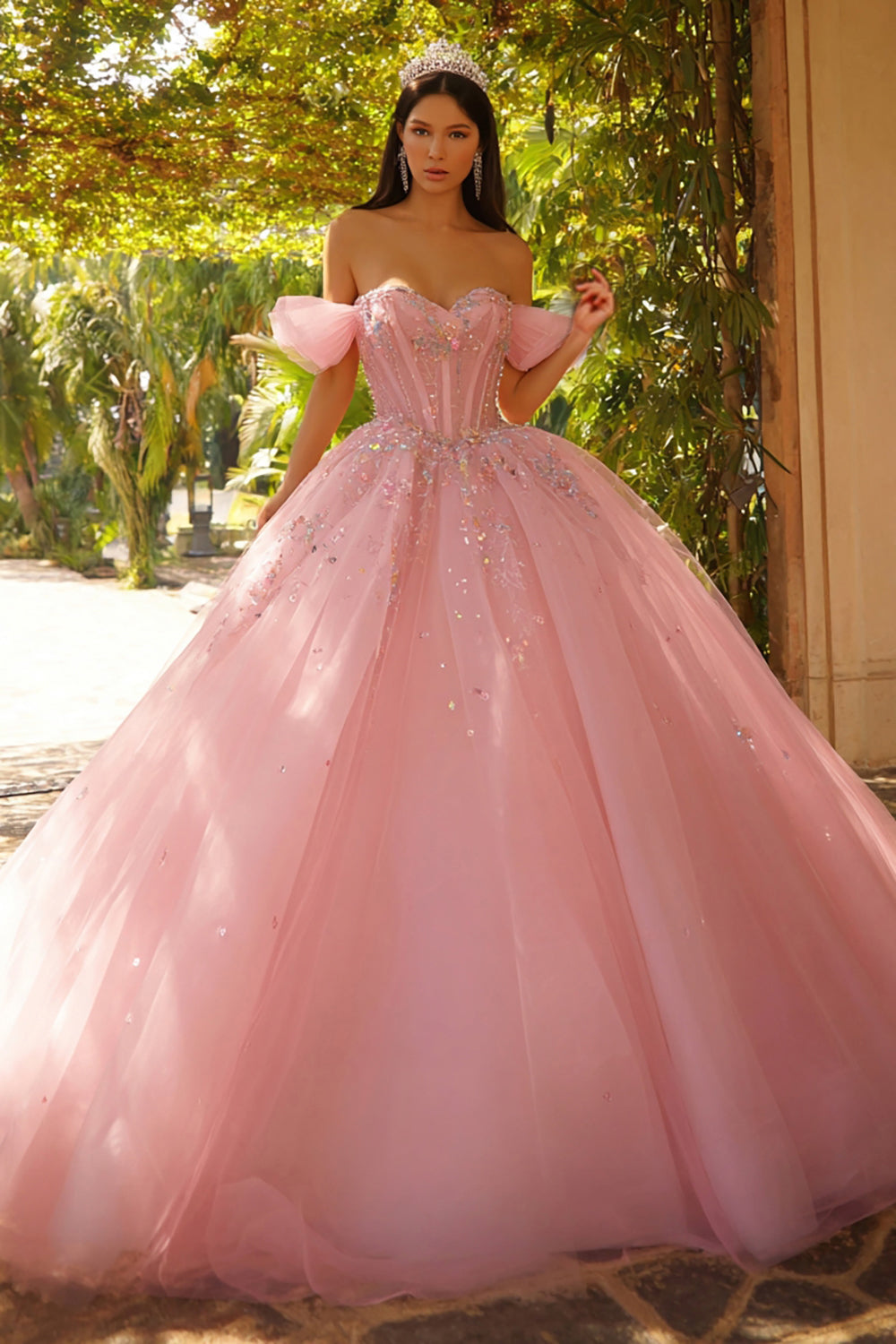Sparkly Pink Off the Shoulder Tulle Long Corset Quinceanera Dress