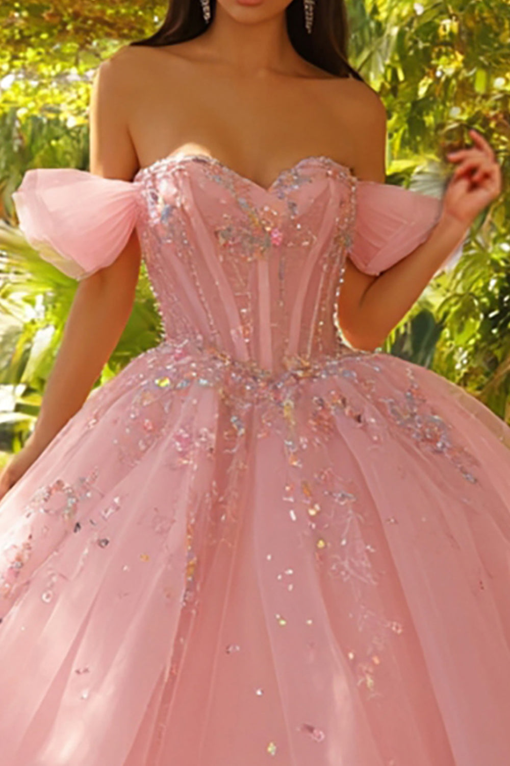 Sparkly Pink Off the Shoulder Tulle Long Corset Quinceanera Dress