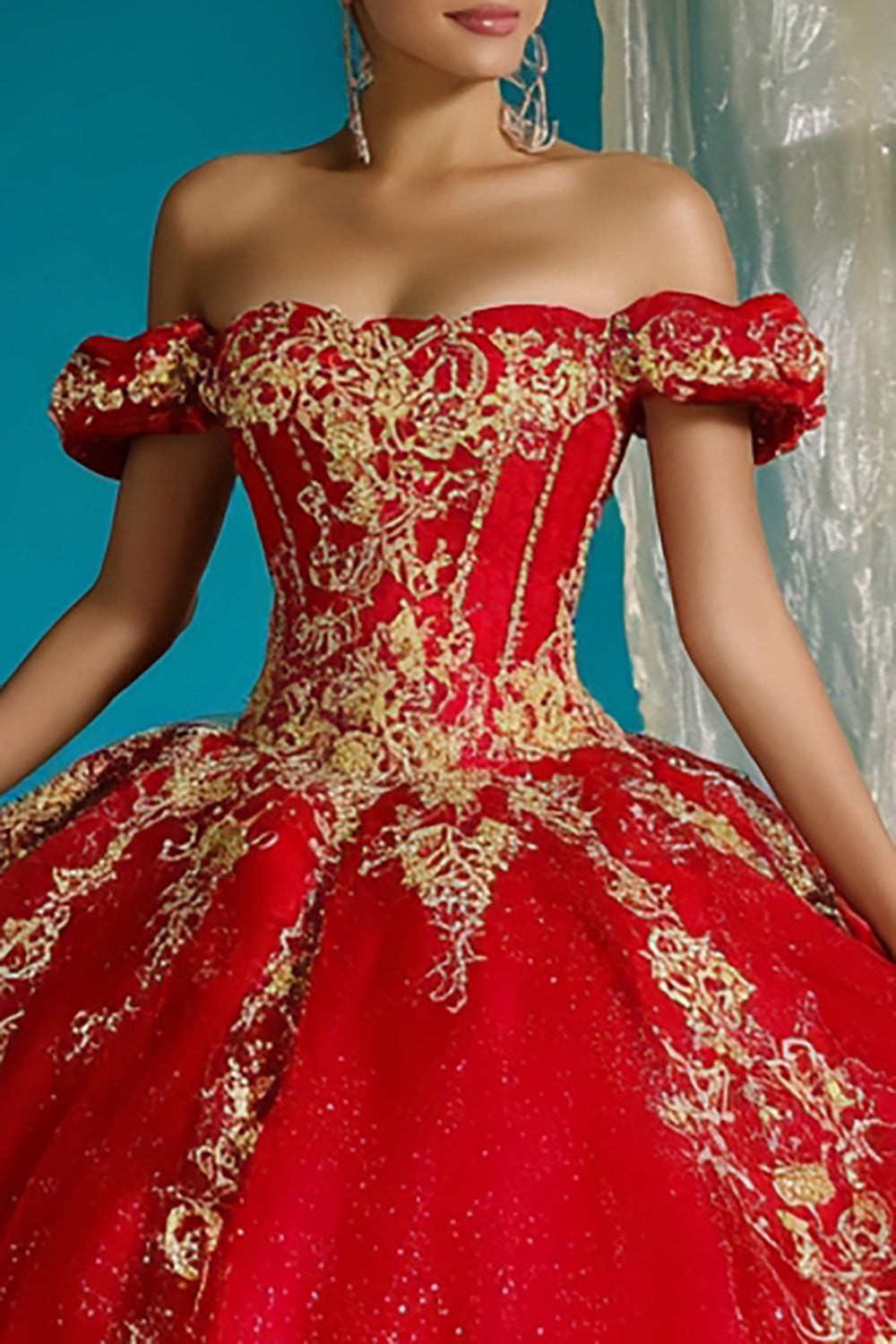 Red Tulle Ball Gown Off the Shoulder Long Princess Quinceanera Dress