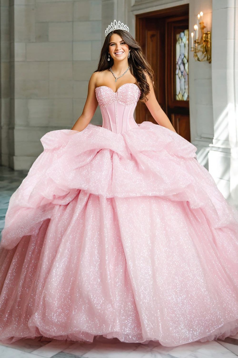 Sparkly Pink Princess Sweetheart Ruffled Long Corset Quinceanera Dress