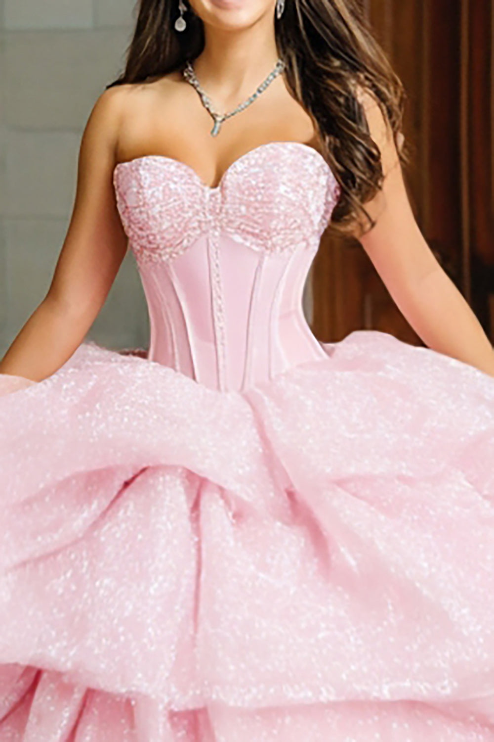 Sparkly Pink Princess Sweetheart Ruffled Long Corset Quinceanera Dress